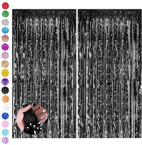 Tinsel Curtain Party Backdrop Glitter, 2P 3.2ft x 6.5ft Metallic Curtain Halloween Decorations, Black Foil Fringe Streamers, Door Hanging Foil Flow Silk Streamers