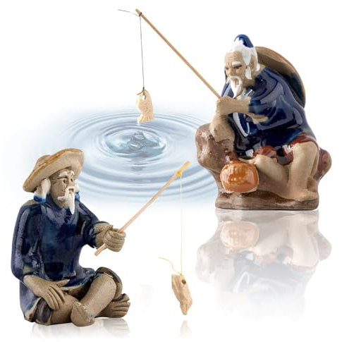 HESUSUSI Statue Jardin Pêcheur 2 Pièces - Figurines Pêche Poisson Nain - Ornement Vieil Homme pour Décorations Bonsaï Micro Paysage Aquarium