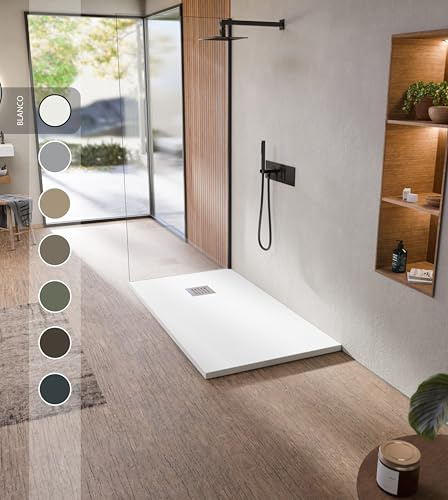 BELLOBATH - Receveur de douche en résine antidérapante - Texture ardoise douce – Avec bonde d’évacuation et grille - Blanc - 80 X 170 cm