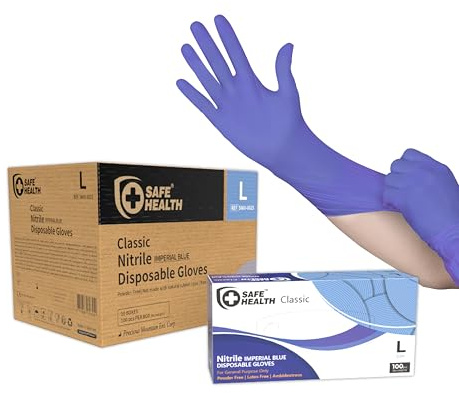 Safe Health Gants jetables en Nitrile Taille L grande Bleu Impérial, Lot de 1000 gants, Sans poudre Sans latex Hypoallergéniques, Bricolage Cuisine Nettoyage Vaisselle Labo, 3 Mil