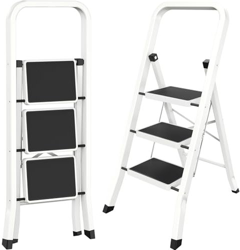 AMHANCIBLE Échelle Pliante,，Escabeau 3 Marches avec Verrouillage de sécurité, Large Pédale Antidérapante, Charge jusqu'à 150KG，Échelle Domestique pour Maison, Cuisine, Bureau, Léger, Blanc EBSL03WT