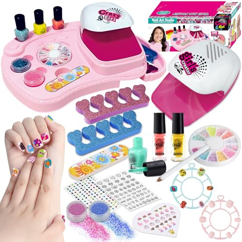 ANGREEL Salón de Uñas para Niños, Kit Uñas para 3 6 7 8 9 10 12 Niñas con Secador/3 Esmalte de Uñas/Caja, 16 Juego de Manualidades Maquillaje Adolescentes Juguetes Regalos Navidad Cumpleaños Halloween