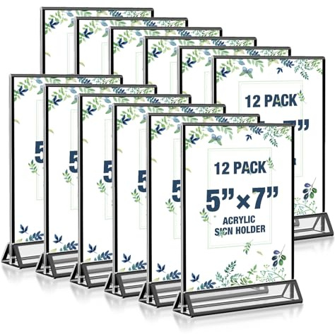 Acrylic Black Sign Holders 5x7, 12 Pack Wedding Black Table Number Holders, Double Sided Photo Display Picture Frame Paper Stand, Clear Flyer Stand Menu Holder for Wedding, Home, Party, Restaurant