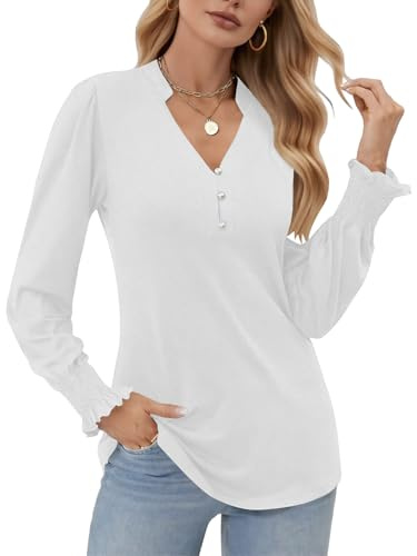 Cuptacc Camisetas Manga Larga Mujer Elegante Camisas Estampadas Casual Cuello en V Básicas Top Otoño Blanco, Medium M 38-40