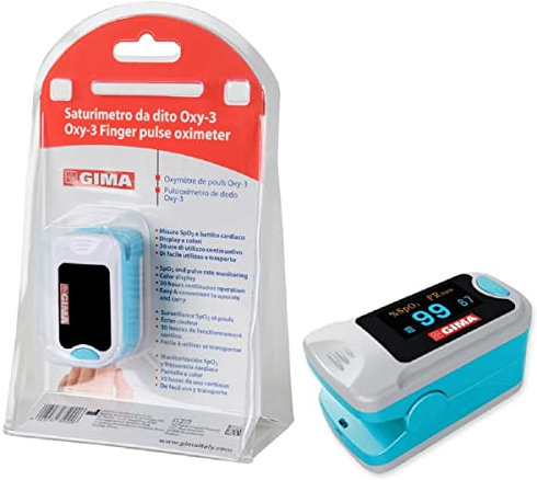 GIMA SATURIMETRO Oxy-3 Pulsossimetro da Dito Portatile, Misura il Livello di Ossigeno nel Sangue e il Battito Cardiaco, 2 pile Incluse, Display SpO2 Orientabile