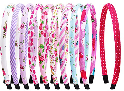 Candygirl Toddler Girls Headbands Thin Plastic Head Bands for Girls Kids Cute Heart Floral Cloth Fabric Covered Hairbands Daily School Hair Accessories (Assorted 10pcs per Pack)