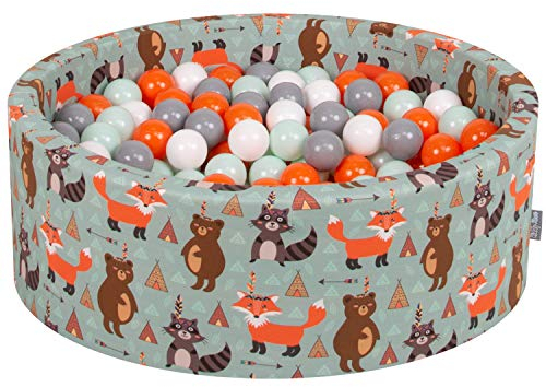 KiddyMoon 90X30cm/300 Palline ∅ 7CM Piscina di Palline Colorate per Bambini Tondo Fabbricato in EU, Volpe-Verde: Arancione/Menta/Grigio/Bianco