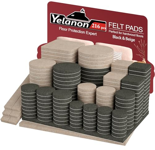 Yelanon Felt Furniture Pads for Hardwood Floors -216 Pcs Premium Felt Pads for Chair Legs, Floor Protectors for Furniture, Beige & Black