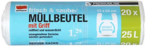 Quickpack Müllbeutel 25l mit Griff 852502 Biomüllbeutel, HDPE Polyethylen, Weiß, 53x54, 20 Stück/Rolle
