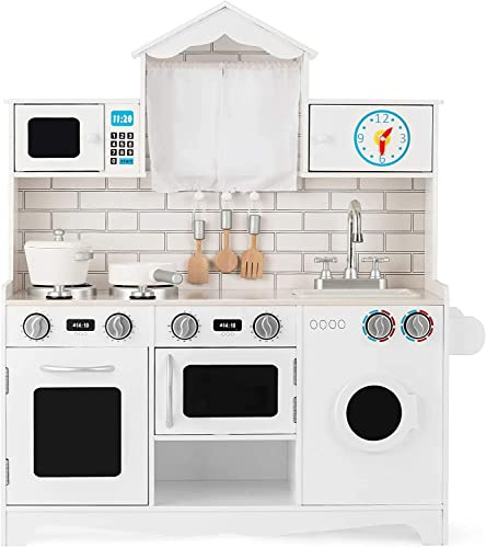 HONEY JOY Kids Kitchen Playset, 31 Inch Rooftop Wooden Play Kitchen for Toddlers, Microwave, Clock, Washing Machine, Cookware, Little Chef Pretend Play Toy Kitchen Set, Gift for Boys Girls, White