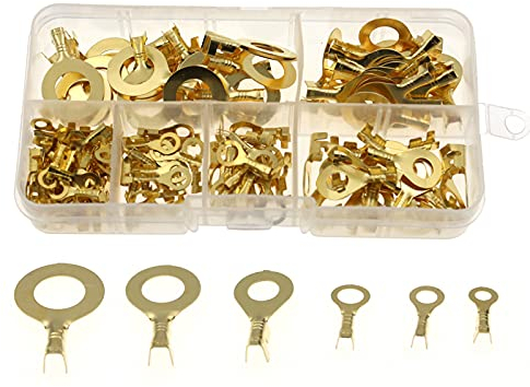 150 Pièces Bornes à Sertir à Anneau, Cosses de Câble en Cuivre, Connecteur de Câble à Sertir en Cuivre, Livré Avec une Boîte en Plastique Transparent, Convient pour Connecter les Câbles(D'or)