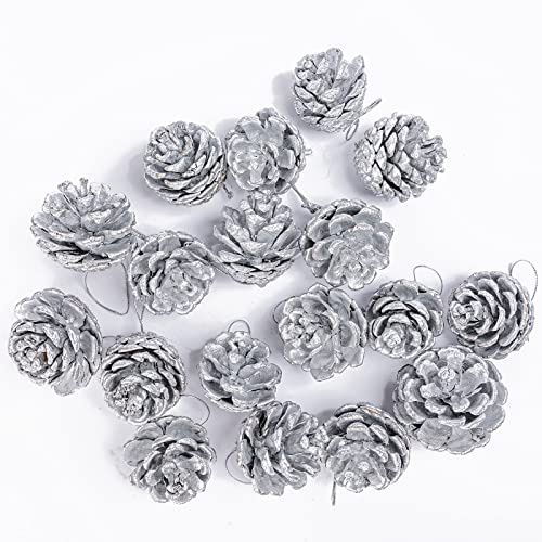 YUNSTK 18 Pieces Pine Cone Christmas Tree Decorations, Silver Pine Cones, Natural Pinecones with String Pendant Crafts for Garland Xmas Tree Baubles Wreath Gift Tag Hanging Ornaments