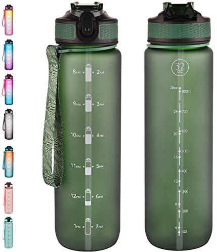 Navtue Borraccia sportiva da 1 l con cannuccia, con tacche orarie, a prova di perdite, in Tritan senza BPA, per scuola/ciclismo/corsa (verde scuro)