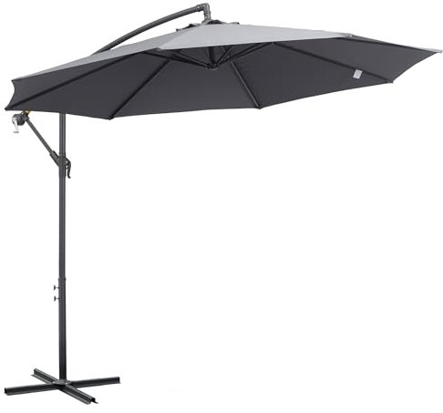 Outsunny Sombrilla de Jardín Ø295x255 cm Parasol Excéntrico Inclinable con Manivela Base Cruzada y Soporte de Metal 8 Varillas para Terraza Exterior Balcón Gris