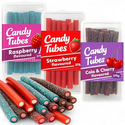 Set med 3 burkar fyllda fruktgummistänger godisrör, 3 sorter fruktstänger med fyllning Cola & Cherry Strawberry Raspberry, 3 x 275 g, körsbärskola, jordgubbe, hallonsmak