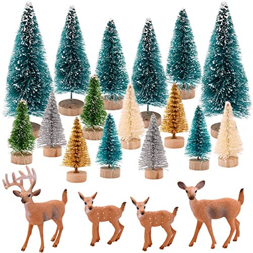 16pcs Mini Christmas Trees with 4pcs Reindeer Figures - Bottle Brush Trees, Realistic Deer Toys for DIY Room Ornaments