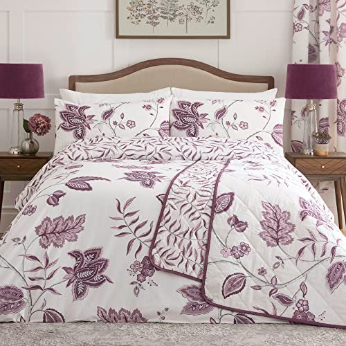 Dreams & Drapes Purple Floral Duvet Cover Set – Double Size (200 x 200cm) – Plum Damask Bedding – Vintage White & Purple Quilt Cover – Traditional Bedroom Set