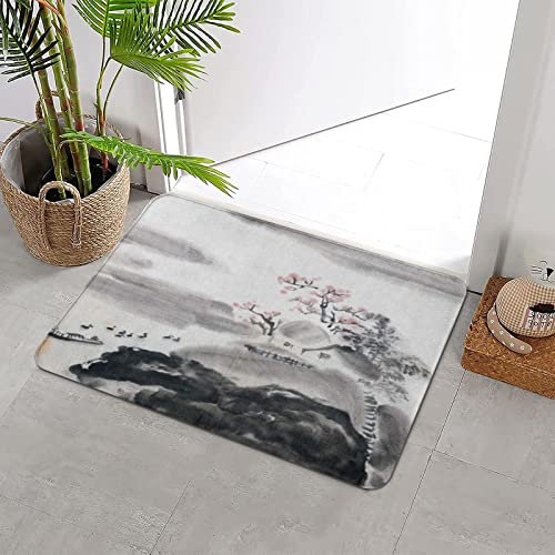 Badteppich rutschfeste,Chinesische Landschaftsmalerei Malerei Chinesische Tinte China Pinsel Japanisches Pflaume,Wasserabsorbierend Badematte maschinenwaschbar Badvorleger für Dusche,Badewanne,40x60cm