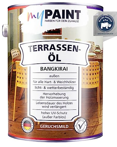 myPaint Terrassen-Öl 2,5 L Bangkirau | Bietet Schutz für Alle Holztypen | Zuverlässiger UV- und Wetter-Schutz | Ideal für Gartenmöbel und Terrassendielen | Bangkirai, Teak, Douglasie
