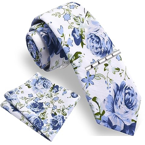 Gusleson Fashion 2.4（6cm） Cotton Flora Printed Necktie Tie Clip and Pocket Square Sets + Gift Box