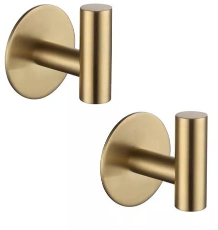 Zuvky Self Adhesive Hooks 304 Stainless Steel Heavy Duty Hangers Without Nails for Bathrooms Kitchen Livingroom Garage Hotel Towel Hook-2 Pack (Gold)