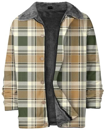 Regenkleidung Fahrrad Damen, Mens Fleece Lined Jacket Casual Zipper Thicken Plaid Print Coats Winter Warm Thermal Outdoor Coat Trench Coat Men Jeans Jacke Schießweste Sommerjacke (XL, Earthy Yellow)
