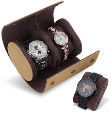 GNEGNI LIFE Watch Roll Travel Case 2 Slot Leather Watch Box for Men and Women Portable Watch Display Case With Detachable Pillow Storage for Watch Jewelry (Khaki)