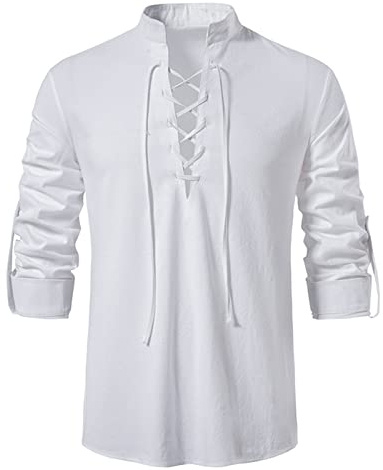 Generisch Chemise à col montant pour homme - Manches longues - Coupe droite - En lin - Couleur unie - Respirante - Chemise western confortable - Chemise d'extérieur confortable - Chemise rétro