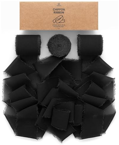 Vitalizart Chiffon Black Gift Ribbon 3 Rolls 1.5'' x 7 Yd | 21 Yd Handmade Frayed Fringe Ribbons for Wedding Invitations, Bridal Bouquets, Gift Wrapping, Decoration, DIY Crafts