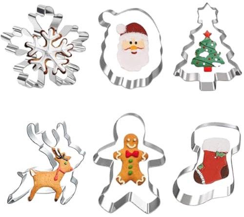 QOWIJEX 6 Pezzi Formine per Biscotti di Natale, Stampo per Biscotti Natalizi in Acciaio Inox, Babbo Natale, Fiocco di Neve, Renna, Arbre de Noël Stampi Biscotti per la Cottura