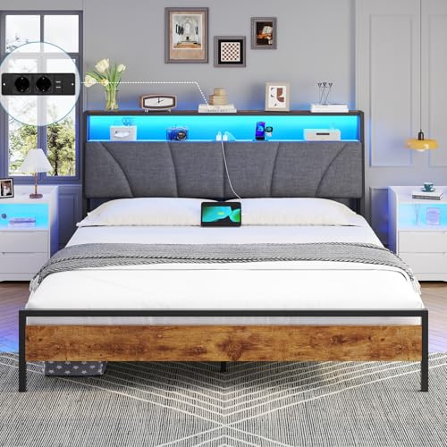Brinlawb marco de cama matrimonio 160x200 cm con regleta de enchufes integrada (2 tomas AC y 2 USB) tira de luz LED, somier 160x200 cm, cama 160x200 con estructura de metal y cabecero. Fácil de montar