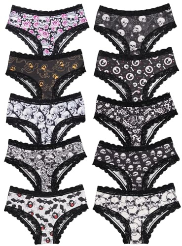 Morvia 10pcs Women's Gothic Contrast Lace Halloween Skull & Rose Print Hipster Panties Assorted Styles