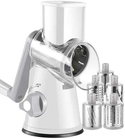 Ancevsk Râpe à fromage rotative avec poignée, broyeur à fromage rond à vitesse manuelle avec base d'aspiration puissante, broyeur de pommes de terre facile à utiliser avec 5 lames de tambour