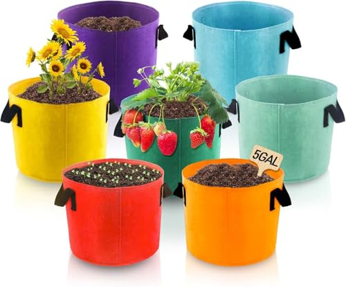 LATERN 7Pcs 7 Gallons Plant Growing Bags, 7 Colors Nonwoven Fabric Breathable Grow Bags Heavy Duty Thickened Root Aeration Garden Pot Containers with Strap Handle for Flowers Vegetables Fruits