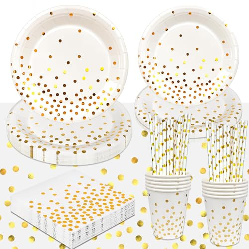 Stoviglie per Feste Oro Bianco, 16ospite Bianche e Dorate Stoviglie per Feste - Piatti di Carta Bianco Tovaglioli Bicchieri Tovaglia etc Forniture per Feste di Compleanno e Matrimonio