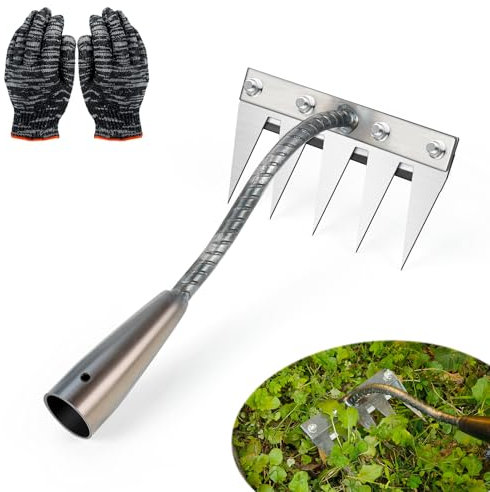 Rateau Jardin, Râteau De Désherbage avec des Gants, Rateau De Jardin en Acier Au Carbone, 5/6/7/8 Teeth Outils De Râteau à Main, Outil Jardinage pour Désherbage Ameublissement du Sol Semis (5 Dents)