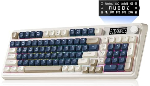 AULA S99 Pro Wireless Keyboard, Gaming Keyboards Media Knob Custom RGB Backlit, 3-Modes BT/2.4G/USB-C Membrane Cute Creamy Keyboard for Windows/MAC/PC Gamer - Blue White