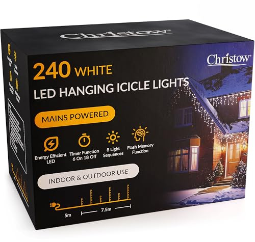 CHRISTOW Hanging Icicle Christmas Lights, 240 White LED, 7.5m Lit Length, Indoor & Outdoor, Mains Powered with Timer, 8 Flash Lighting Modes with Memory, Fairy String Light Xmas Decorations