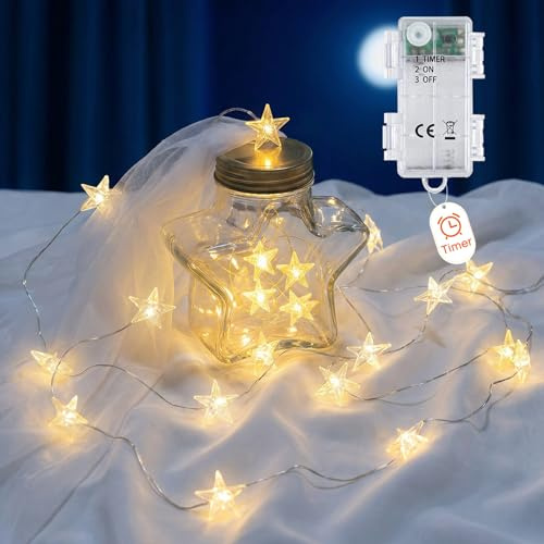 Afaiup Battery Star Fairy Lights, 2M Micro 20Leds Battery Powered String Lights, IP65 Timer Silver Wire Fairy Lights for Christmas Tree Birthday Valentine Party Bedroom Indoor&Outdoor (Warm White)