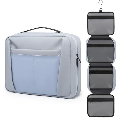 GAOCHY Travel Hanging Toiletry Bag for Men Women Wash Bags Water-Resistant Organiser Makeup Cosmetic Bag Foldable Large Capacity Travel Sized Toiletries with 5 Compartments (Fog Blue, Medium)
