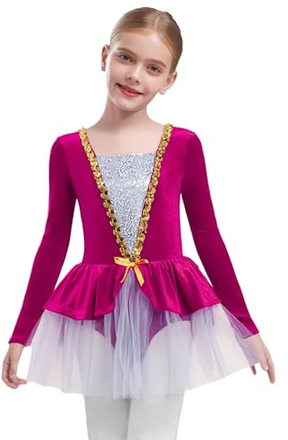 Miutii Vestido de patinaje artístico para niña, vestido de ballet, de terciopelo, manga larga, con falda de tul, bailarina, vestido de baile latino
