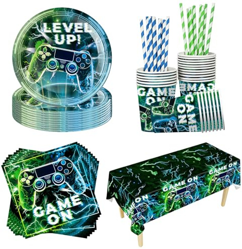 CIOXSOIO Set di Stoviglie per Feste Videogiochi, 20 Piatti di Carta, 20 Bicchieri, 20 Tovaglioli, 20 Cannucce e 1 Tovaglia, 20 Ospiti Stoviglie per Decorazione Festa di Compleanno Bambini