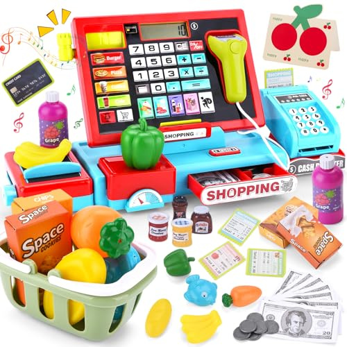 JOTOL Registratore di Cassa Giocattolo,Registratore di Cassa Supermercato Giocattolo,Cassa Giocattolo per Bambini con Scanner,Calcolatrice,Soldi Finti,Cassa Giochi d'imitazione Regalo per Bambini 3+