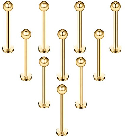 Ruifan 10PCS 16G Gold Plated 316L Stainless Steel 3mm Ball Labret Monroe Lip Ring Tragus Helix Cartilage Earring Stud Barbell 12mm Bar Length Body Piercing Jewelry