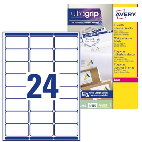 Avery Italia L7159-15 Etichette adesive in carta bianca, 15 fogli A4, rettangolari 63,5x33,9mm, 24 etichette per foglio, adesivo permanente, stampanti laser