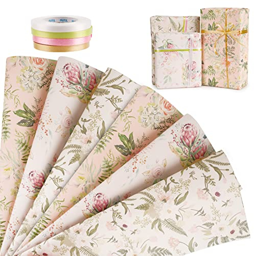 6 Blätter Geschenkpapier Blumen 50x70cm Bunt Elegant Vintage Verpackungspapier mit 4 Stück 10m Bänder Geschenkverpackung für Frauen Hochzeit Muttertag Geburtstag Taufe