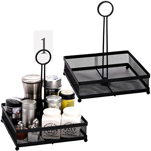 Lyellfe 2 Pack Metal Condiment Caddy, Square Table Caddy with Number Holder | Black Tabletop Seasoning Collection Spice Organizer for Grill Outdoors, Restaurant, Kitchen Cabinet