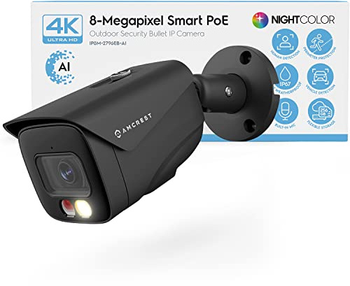 Amcrest UltraHD 4K (8MP) IP PoE AI Camera, FOV 129°, 49ft Color Nightvision, Security Outdoor Bullet Camera, Human & Vehicle Detection, Active Deterrent, 4K @15fps, IP8M-2796EB-AI (Black)