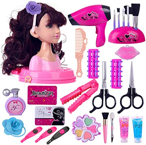 WUGU Makeup Hair Dressing Doll Styling Head Toy for Girls, 34Pcs Children Pretend Role Play Playset with Hair Dryer, Makeup Toy Educational Gift for Girls Kids