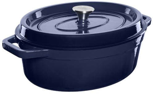 GRAND FEU cocotte en fonte émaillée avec couvercle et larges poignées - cocotte ovale en fonte pour sauces à l’avoine - capacité 5.6L, Bleu